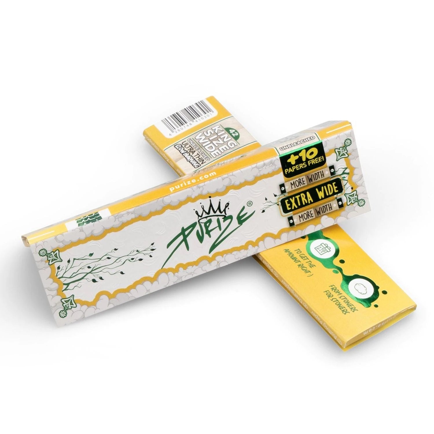 PURIZE King Size Wide Papers in Gelb-Weiß, zwei Heftchen mit PURIZE Logo, Krone, Extra Wide, 42 Leaves, unbleached und +10 Papers Free Hinweis